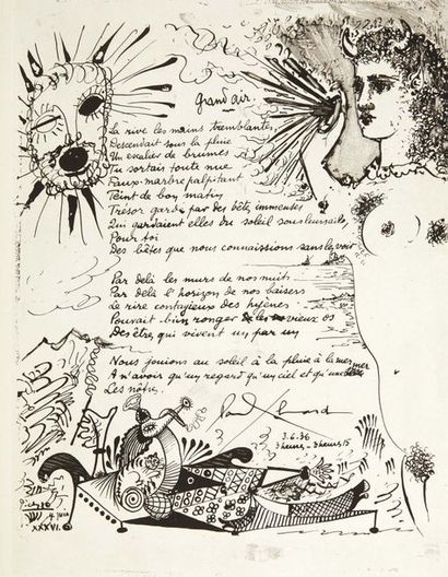 Paul Eluard. La Barre d'appui. Poèmes, illustrés de trois eaux-fortes par Pablo
Picasso....