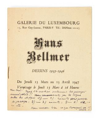 Hans BELLMER. Galerie du Luxembourg. Hans Bellmer, dessins 1935-1946. Paris, 1947.
In-16...
