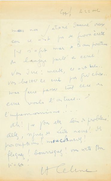 Louis-Ferdinand Céline. Lettre adressée à André Billy. Copenhague, 22 octobre [1947]....