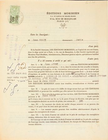 Jean GENET & Paul MORIHIEN. Contrat d'édition de Jean Genet aux éditions Paul Morihien....