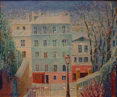 null Serge Mendjisky (1929-2017)
Neige à Montmartre, 1974
Huile sur toile
Signé et...