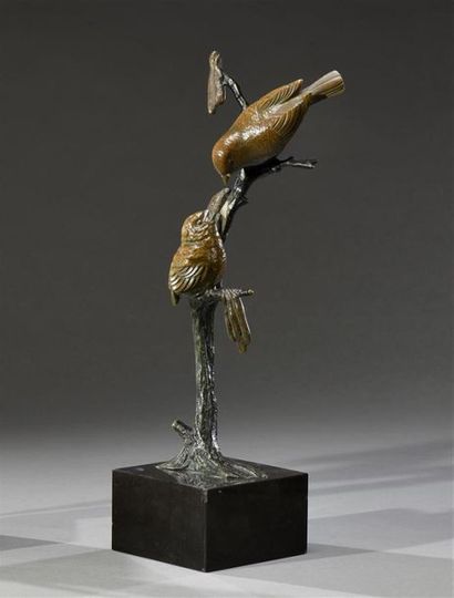 null Iréné ROCHARD (1906-1984)
" Deux moineaux sur une branche ". Épreuve en bronze...