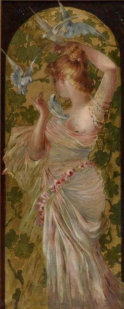 null Ecole française, vers 1900
Femme aux colombes
Huile et peinture dorée sur toile
100...