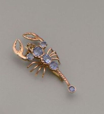 null Broche en or jaune 14K (585/oo) figurant un scorpion, le corps serti de saphirs...