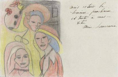null Marie Laurencin (1883-1956).
Trois Femmes.
Crayons de couleur sur lettre autographe.
Signé...