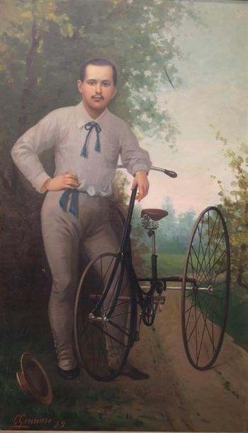 null Giuseppe GENNARO (1855-?).
L'homme au tricycle, 1889.
Huile sur toile.
Signé...