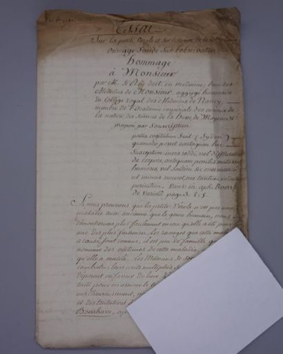 null [VÉROLE (PETITE)]. Manuscrit de 3 pp. grand in-folio. 10 février 1781. Salissure...
