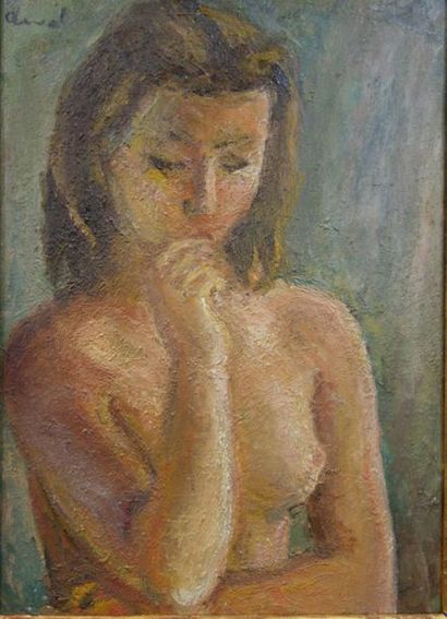 null Pierre Deval (1897-1933).
Femme nue en buste, pensive.
Huile sur carton toilé.
Signé...