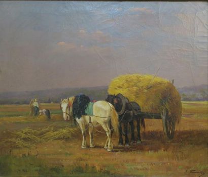 null Eugène Fromentin (1820-1876).
Attelage de chevaux et char à foin.
Huile sur...