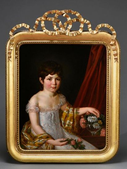 null Auguste François Laby (1784-1860).
Portrait de fillette aux fleurs, 1811.
Huile...