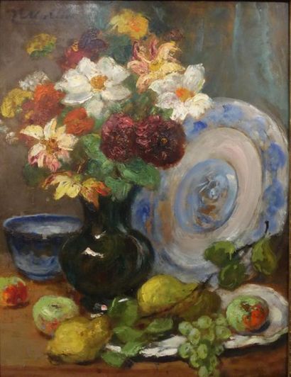 null Jacques Martin (1844-1919).
Vase de fleurs et fruits.
Huile sur panneau.
Signé...