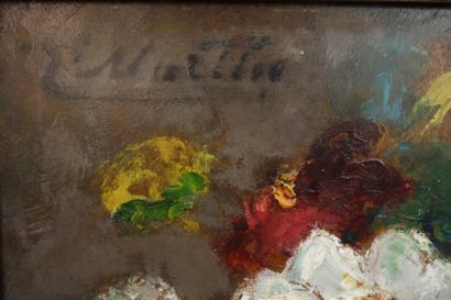 null Jacques Martin (1844-1919).
Vase de fleurs et fruits.
Huile sur panneau.
Signé...