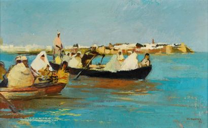 null MANTEL J. (1820-1896) 
Barques et personnages sur la côte marocaine.
Huile sur...