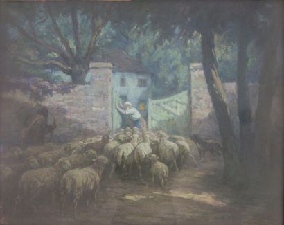 null Claude Honoré Hugrel (1880-1944).
Le retour du troupeau de moutons à la ferme,...