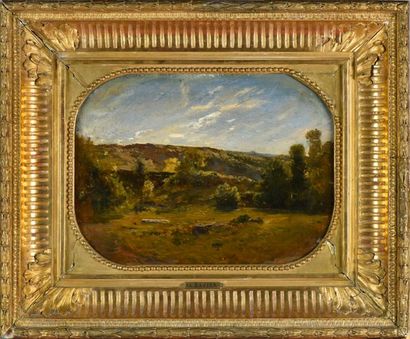 null François Auguste Ravier (1814-1895).
Paysage rocheux en Bugey.
Huile sur toile.
Trace...