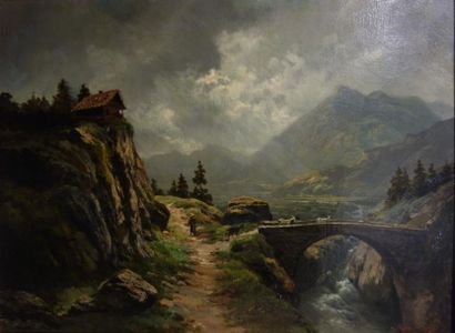 null Théodore LÉVIGNE (1848-1912).
Paysage au pont en montagne.
Huile sur toile.
Signé...