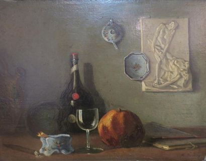 null Dans le goût de François Bonvin (1817-1887)
Nature morte à la bouteille d'alcool
Huile...