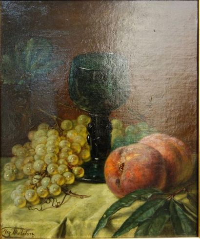 null Franz Molitor (1857-1929).
Nature morte au verre et fruits.
Huile sur toile.
Signé...