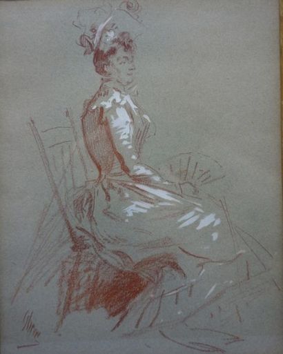 null Jules Chéret (1836-1932).
Femme à l'éventail.
Sanguine et gouache sur papier...