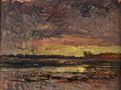 null François Auguste Ravier (1814-1895).
Paysage à l'étang au crépuscule.
Huile...