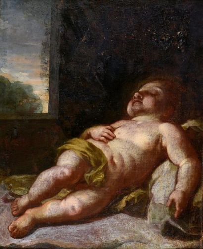 null ECOLE ITALIENNE Fin du XVIIe siècle. 
L'Enfant Endormi.
Huile sur toile d'origine...
