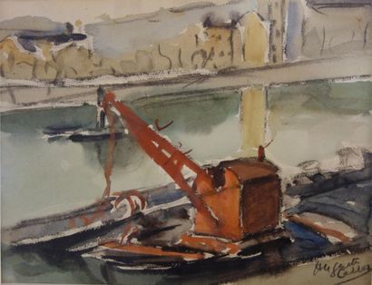 null Huguette Carron (1900-1976).
Grue rouge sur la Saône.
Aquarelle sur papier.
Signé...