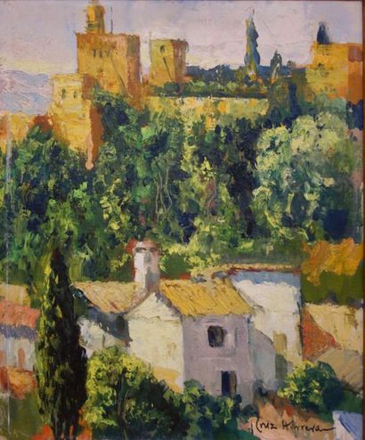 null José CRUZ-HERRERA (1890-1972).
Ville fortifiée en Espagne.
Huile sur caton toilé.
Signé...