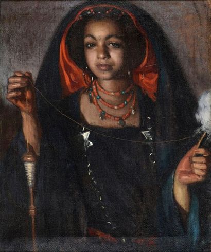 null José CRUZ-HERRERA (1890-1972).
La fileuse marocaine.
Huile sur toile.
Signé...