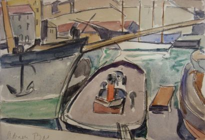 null Adrien Bas (1884-1925).
Bateaux dans le port de Marseille.
Aquarelle sur papier.
Signé...