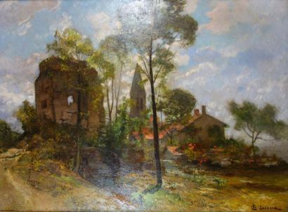 null Charles Lacour (1861-1941).
Ruines du château et clocher.
Huile sur toile.
Signé...