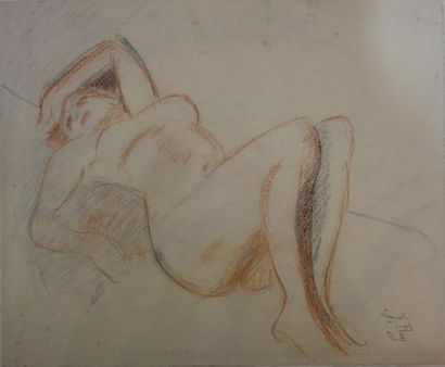 null Jean Puy (1876-1960).
Nu allongé sur le dos, jambes repliées.
Sanguine et crayon...