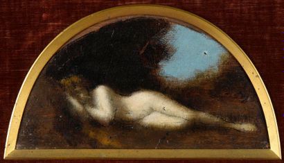null Jean-Jacques Henner (1829-1905).
Femme nue allongée dans un paysage.
Huile sur...