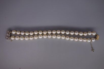 null Bracelet à deux rangs de perles de culture en choker, le fermoir en or 18K (750/oo)...