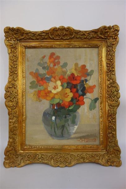 null Adeline HUGONNARD(1906-?)
Roses et pensées, deux huiles sur toile en pendant....