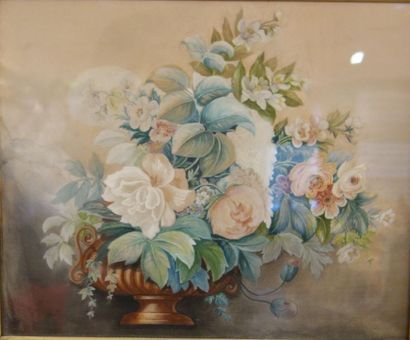 null Ecole française XIXème siècle. Composition florale dans un vase Medicis.Gou...