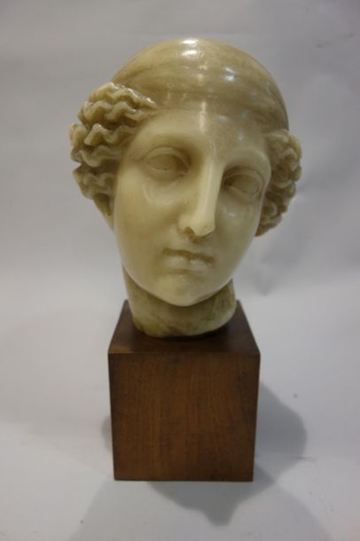 null Sculpture en cire figurant une tête de femme d'après l'antique. H. 20 cm Socle...