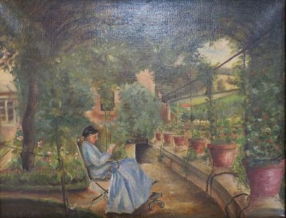 null Femme lisant dans un jardin, huile sur toile.
