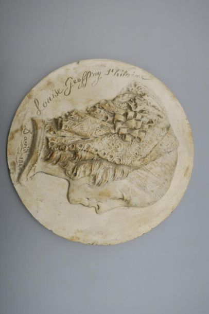 null Médaille en plâtre figurant Louise Geoffroy St Hilaire. 
Diam. 20 cm. 