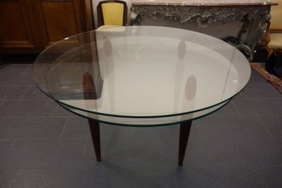 null TABLE moderne circulaire à deux plateaux de verre soutenus par quatre pieds...