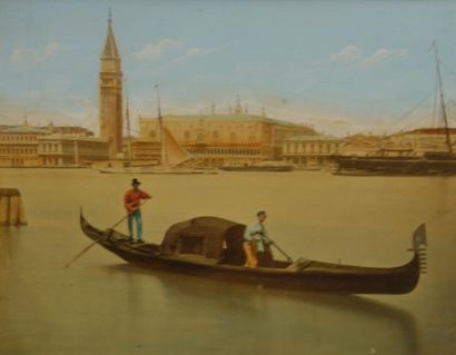 null Vue d'une gondole sur le Grand Canal à Venise, Photographie colorisée.