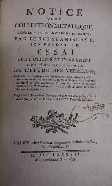 null MORY D'ELVANGE.
Collection métallique donnée par STANISLAS Ier à NANCY ; 1787...