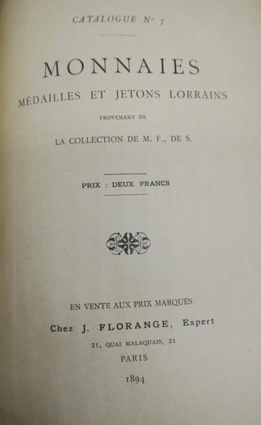 null F de S. 
Collection de Monnaies et jetons LORRAINS de M . F de S 1894 .866 numeros,...