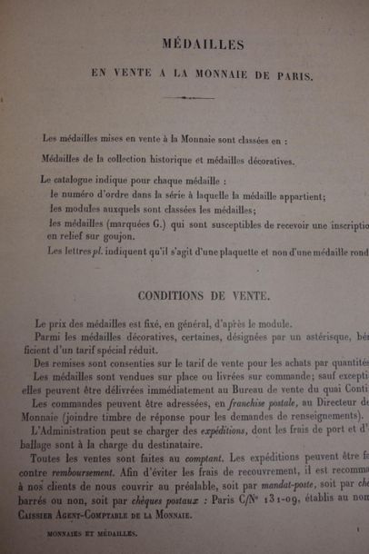 null ADM MONNAIES et MEDAILLES	
Catalogue des medailles en vente; collection historique,...