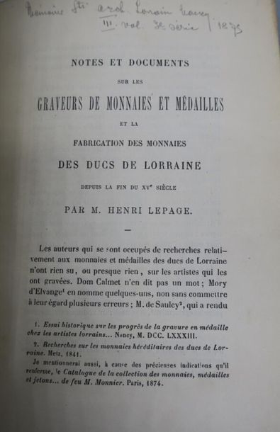 null LEPAGE HENRI. 
Graveurs de monnaies et medailles des ducs de lorraine , 1875,...