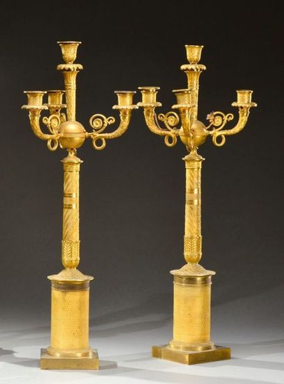 null Paire de grands candélabres en bronze ciselé et doré, base cylindrique supportant...