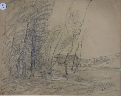 null François-Auguste Ravier (1814-1895).
Maison et arbres.
Fusain et craie blanche...