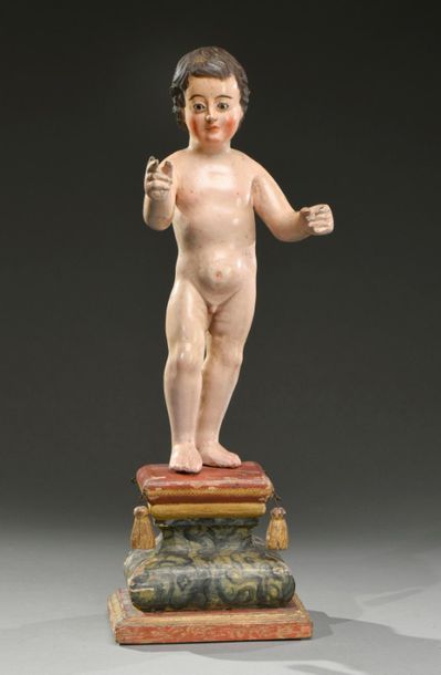 null Enfant Jésus bénissant en bois sculpté et polychromé, yeux en verre, reposant...