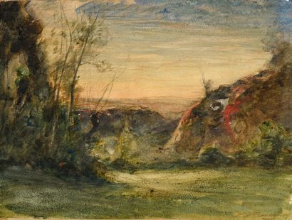 null François-Auguste Ravier (1814-1895).
Paysage vallonné, environs de Morestel.
Aquarelle...