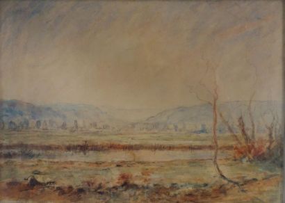 null François-Auguste Ravier (1814-1895).
Paysage à l'étang.
Aquarelle sur papier.
Signé...