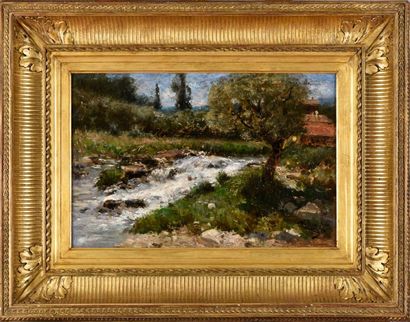 null Adolphe Appian (1818-1898).
Paysage à la rivière.
Huile sur panneau.
Signé en...